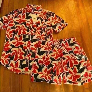 Free Planet Surf and Swim Men’s 2 piece swim trunks and top red white blue small